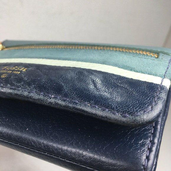 Fossil Green and Blue Leather Checkbook Card ID Clutch Wallet  (Monogram MLC) - Picture 11 of 12